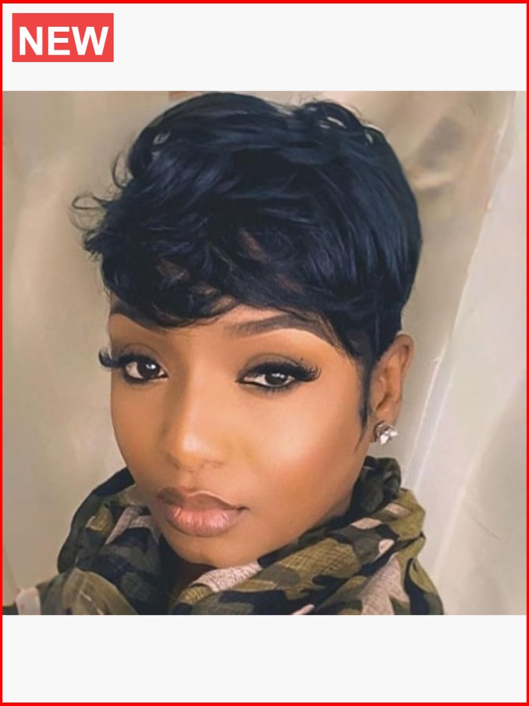 100% Human Hair Pixie Cut Wig Curly With Bangs For Black Women